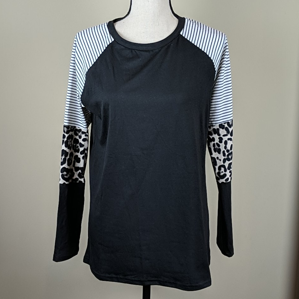Black and White Women's Top with Leopard Print Sleeves - Picture 2 of 3